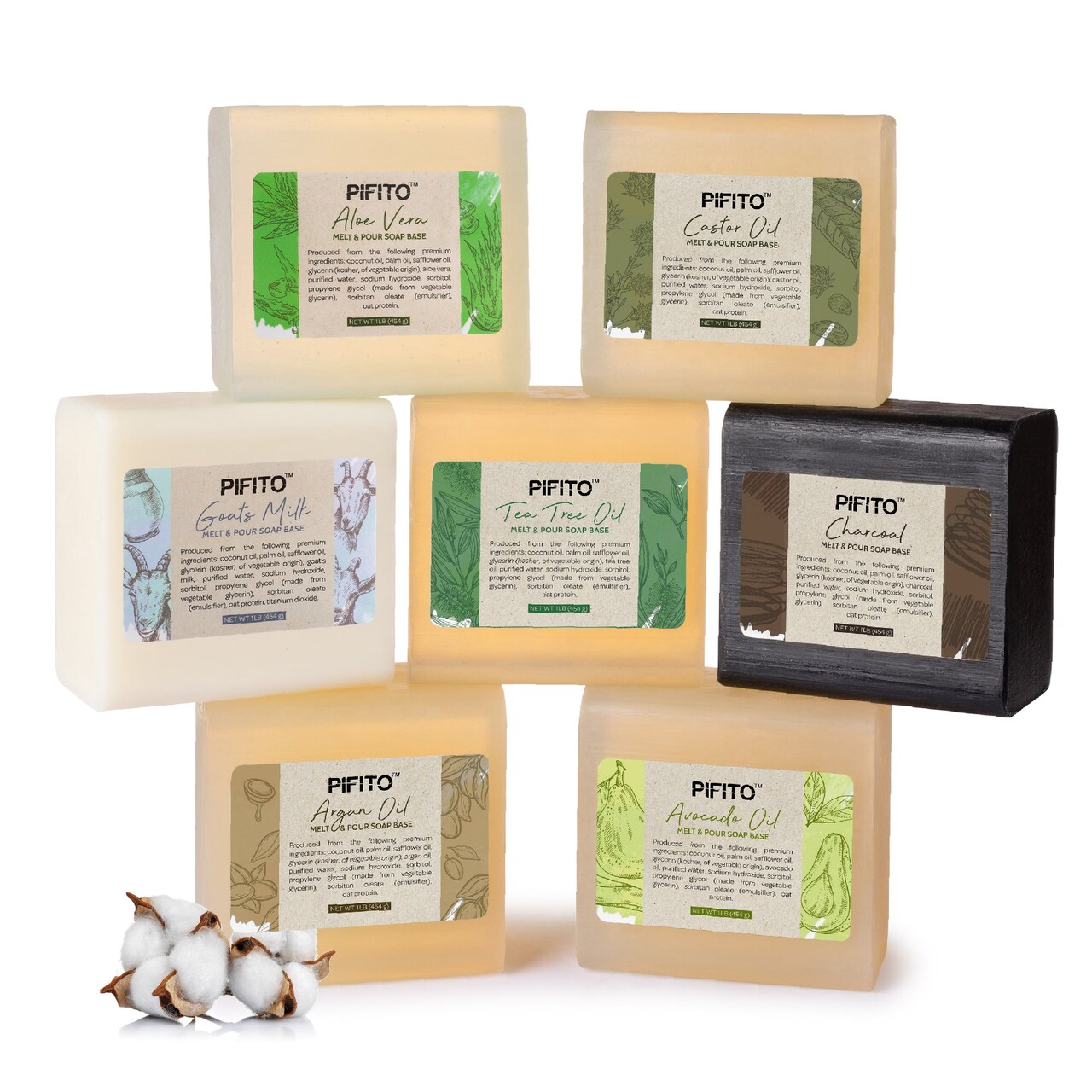 Pifito Melt and Pour Soap Base Sampler (7 lbs) │ Assortment of 7 Bases (1lb ea) │ Argan Oil, Avocado Oil, Castor Oil, Charcoal, Tea Tree Oil, Goats Milk, Aloe Vera │ Glycerin Soap Making Supplies